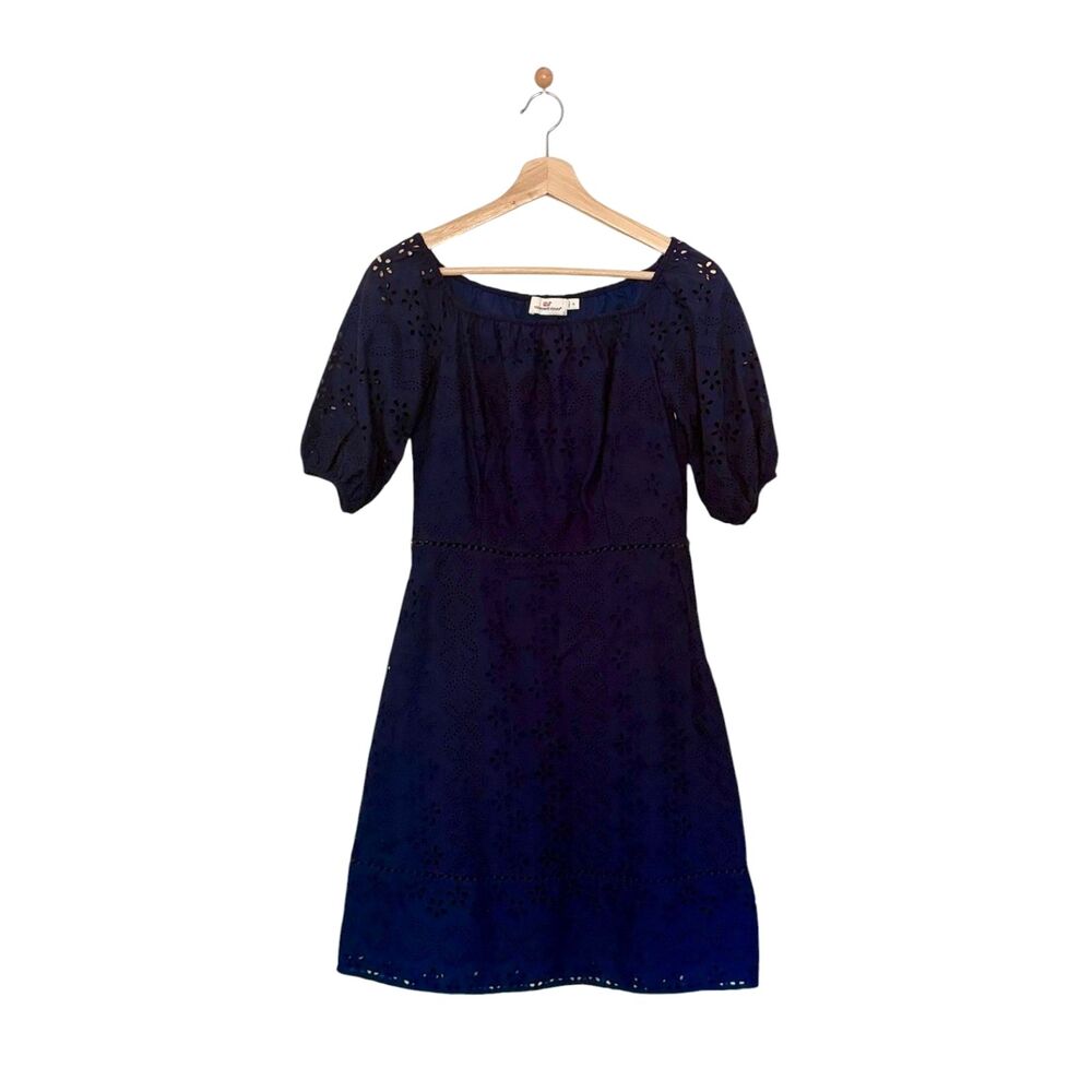 Vineyard Vines Eyelet Dress Size 0 Navy Blue Fit & Flare Puff Sleeve Made Italy